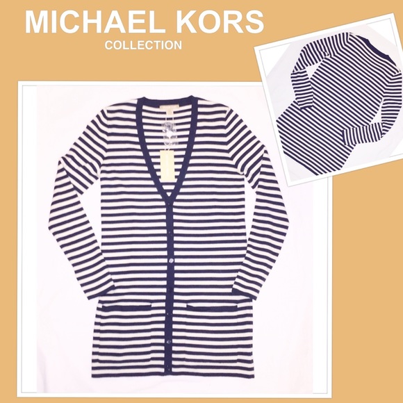 Michael Kors Collection Navy & White Striped Cashmere Cardigan - Picture 5 of 8